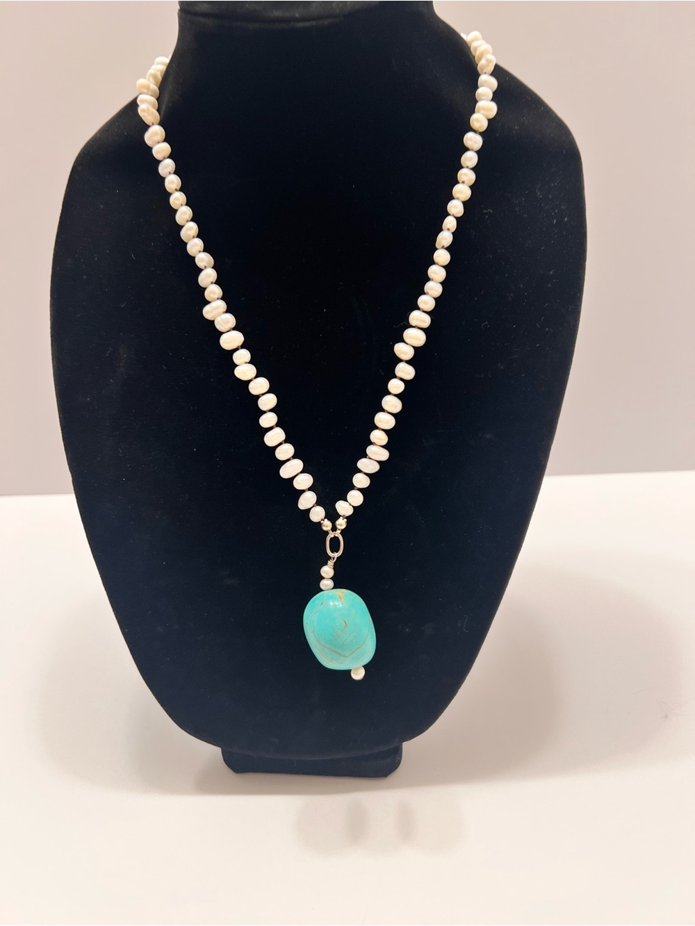 White Pearl Necklace with Turquoise Blue Stone Pendant